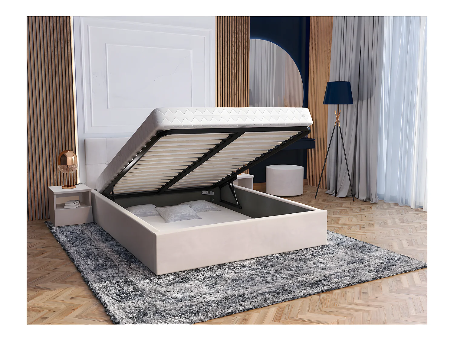Lit coffre Vegas 140 x 190 cm  avec sommier à lattes relevable Beige