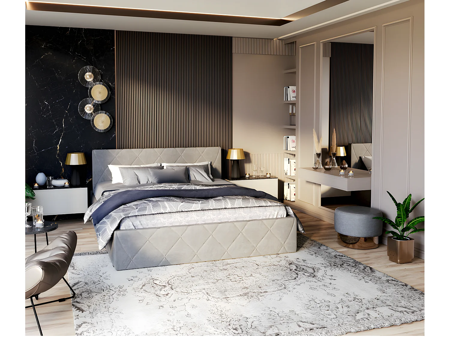 Lit coffre Oslo 140 x 190 cm  avec sommier à lattes relevable Gris Clair