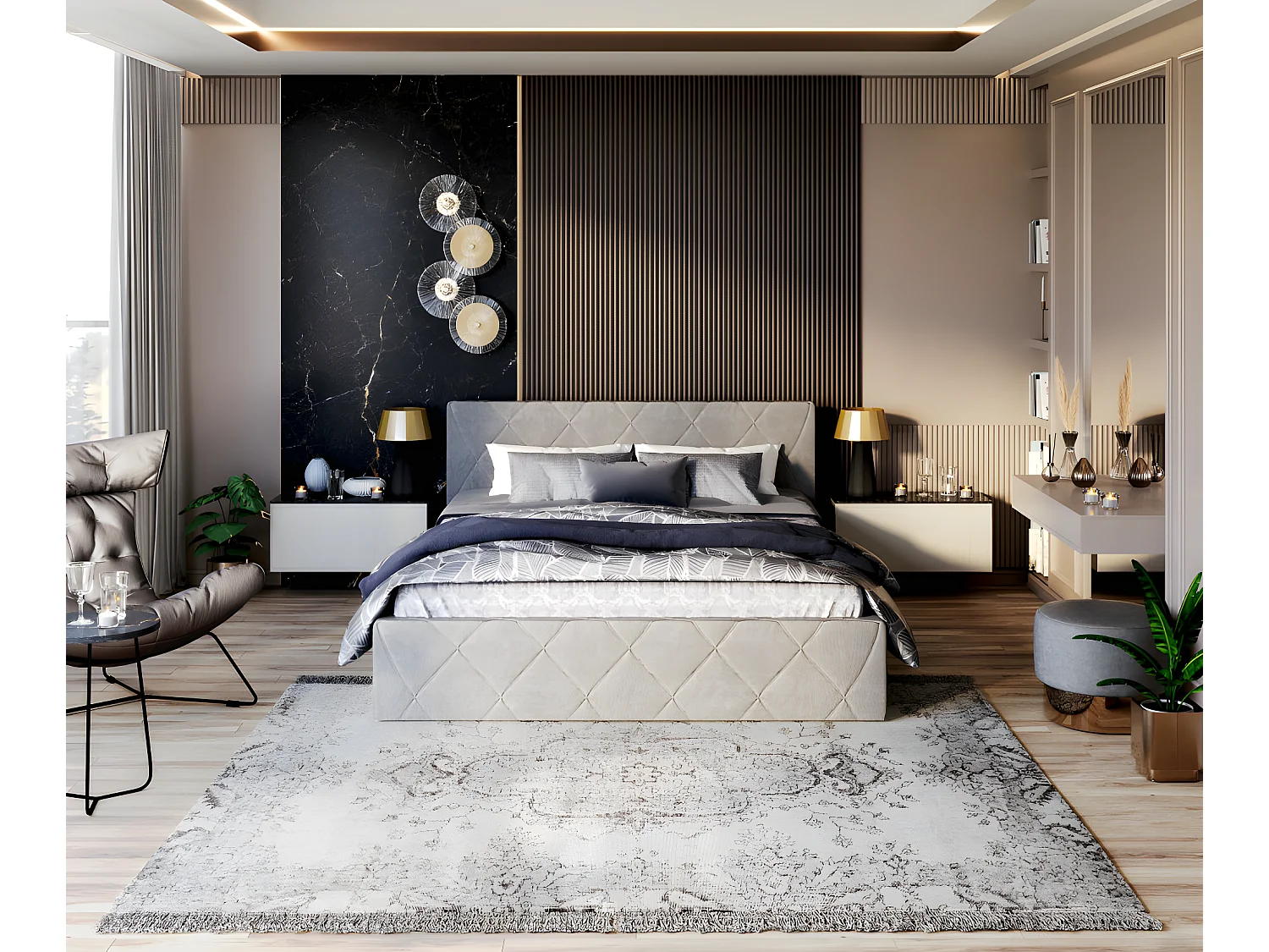 Lit coffre Oslo 140 x 190 cm  avec sommier à lattes relevable Gris Clair