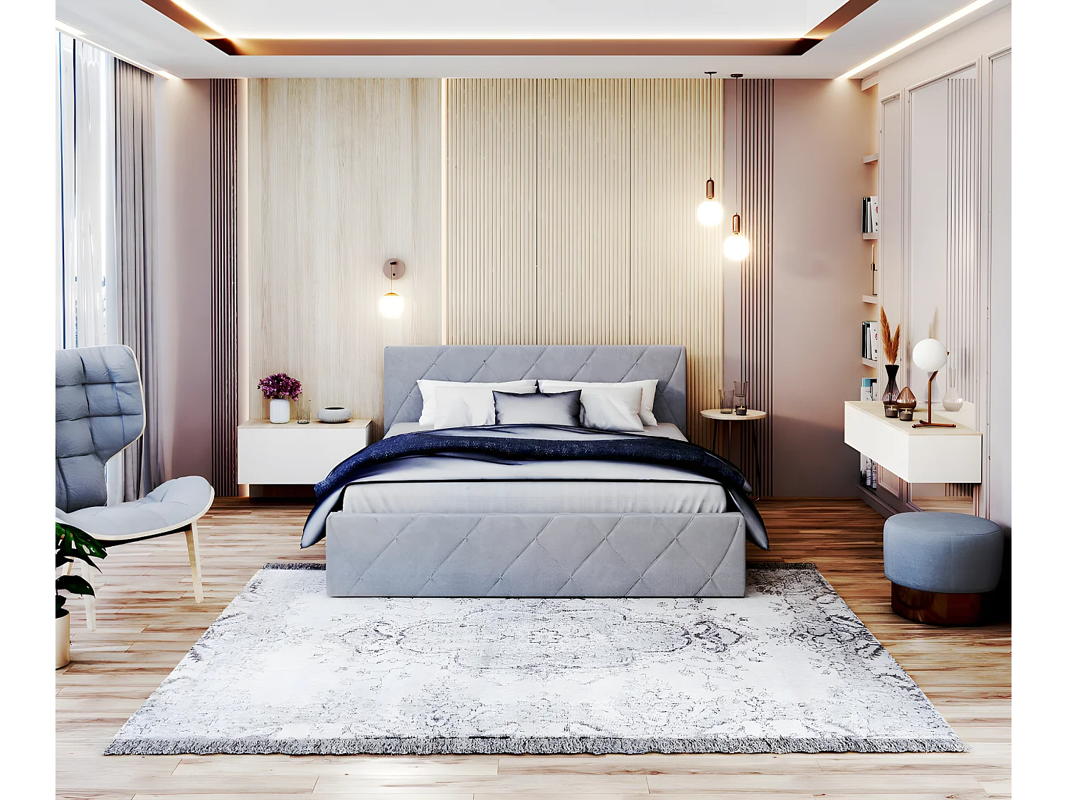 Lit coffre Oslo 140 x 190 cm  avec sommier à lattes relevable Gris Clair