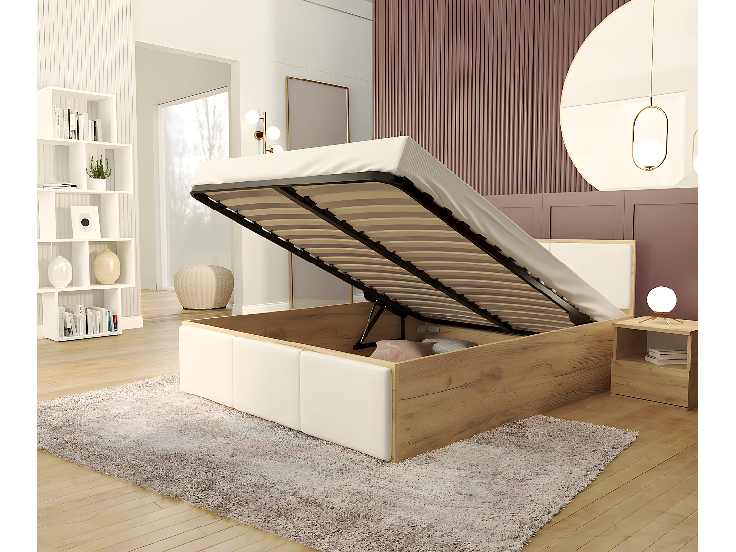 Lit coffre Barcelona 140 x 190 cm avec sommier à lattes relevable Chêne - Blanc