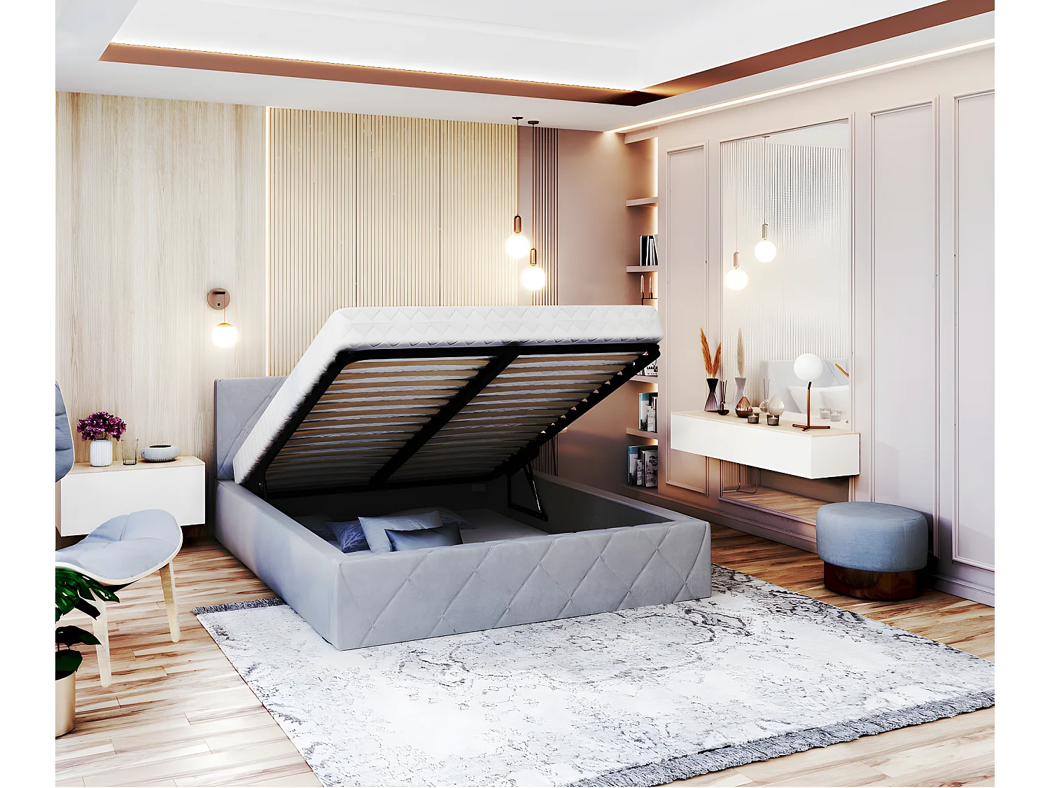 Lit coffre Oslo 160 x 200 cm  avec sommier à lattes relevable Gris Clair