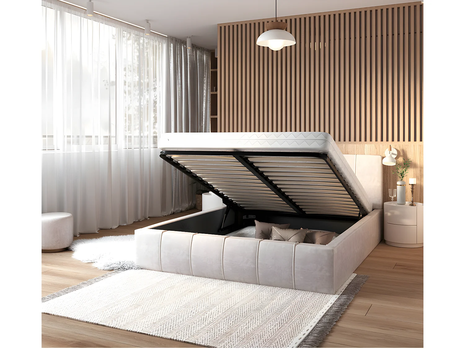 Lit coffre ATLANTA 140 x 190 cm avec sommier à lattes relevable Beige