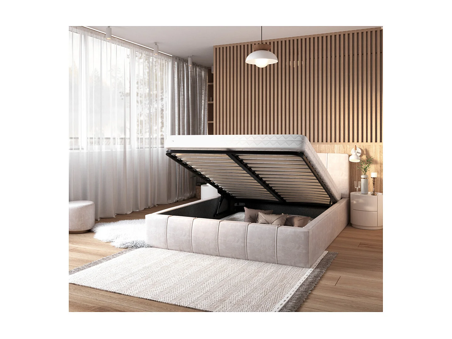 Lit coffre ATLANTA 140 x 190 cm avec sommier à lattes relevable Beige