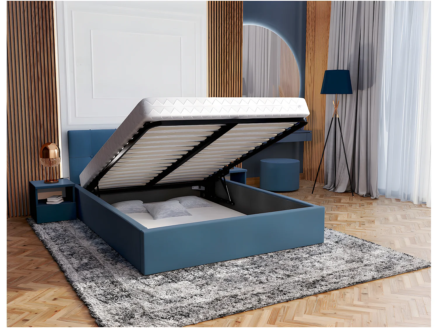 Lit coffre Vegas 140 x 190 cm  avec sommier à lattes relevable Azur