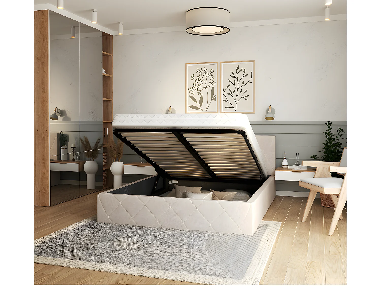 Lit coffre Oslo 140 x 190 cm  avec sommier à lattes relevable Beige