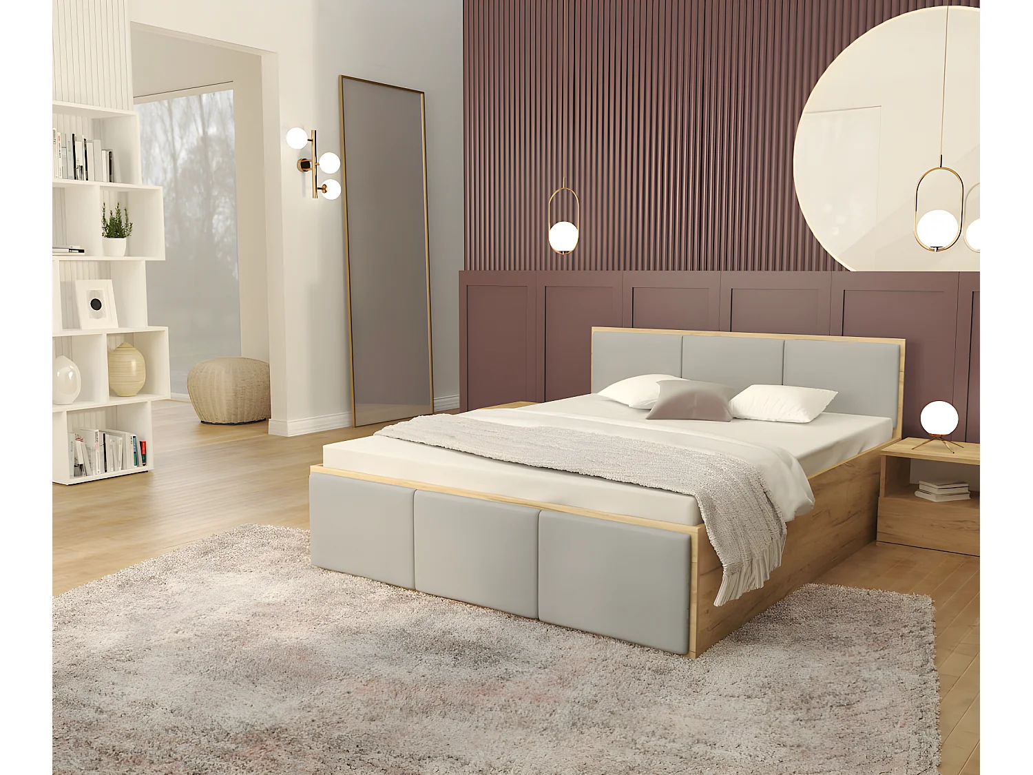 Lit coffre Barcelona 160 x 200 cm avec sommier à lattes relevable Chêne - Gris clair