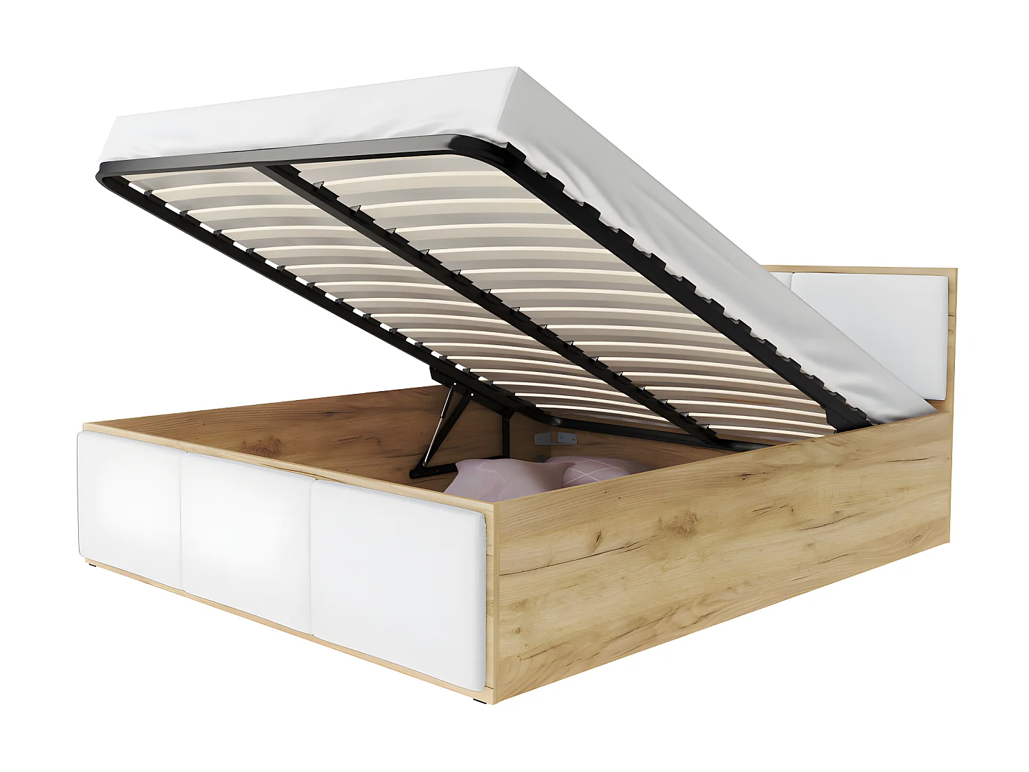 Lit coffre Barcelona 160 x 200 cm avec sommier à lattes relevable Chêne - Blanc