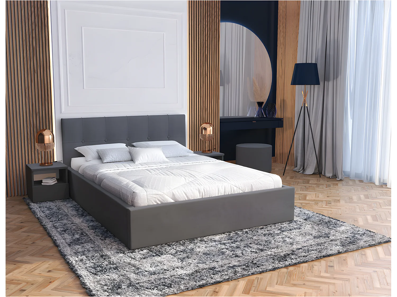 Lit coffre Vegas 140 x 190 cm  avec sommier à lattes relevable Gris Foncé