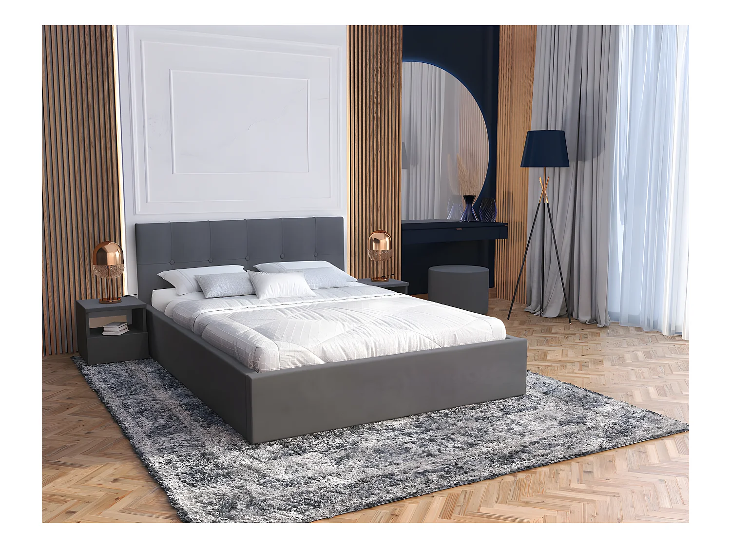 Lit coffre Vegas 140 x 190 cm  avec sommier à lattes relevable Gris Foncé