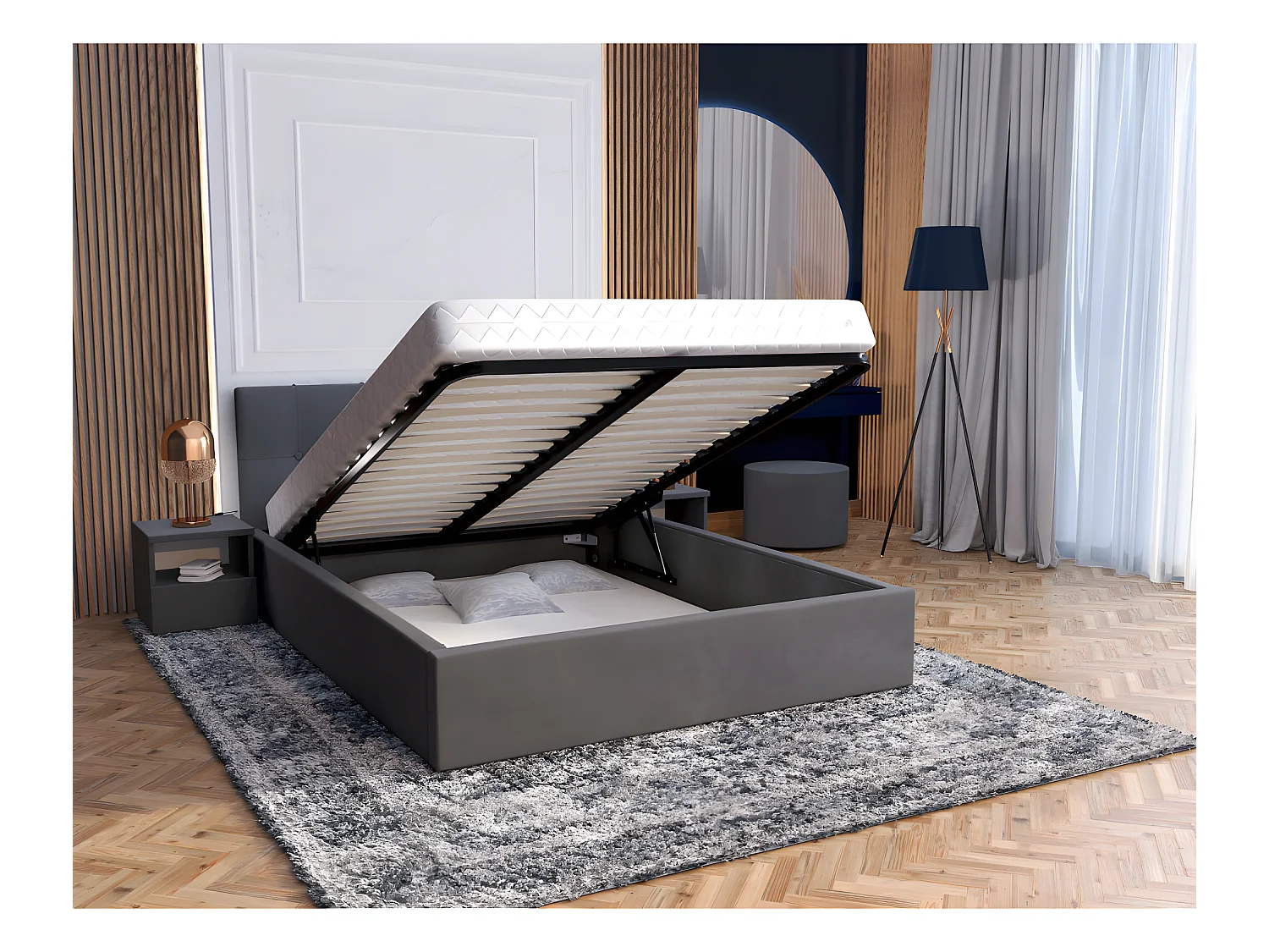 Lit coffre Vegas 140 x 190 cm  avec sommier à lattes relevable Gris Foncé