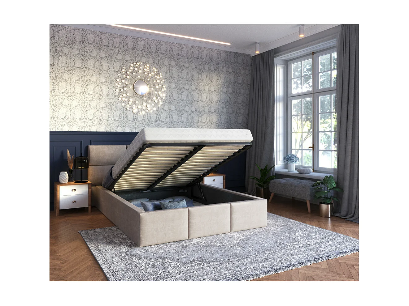 Lit coffre Miami 160 x 200 cm avec sommier à lattes relevable Beige