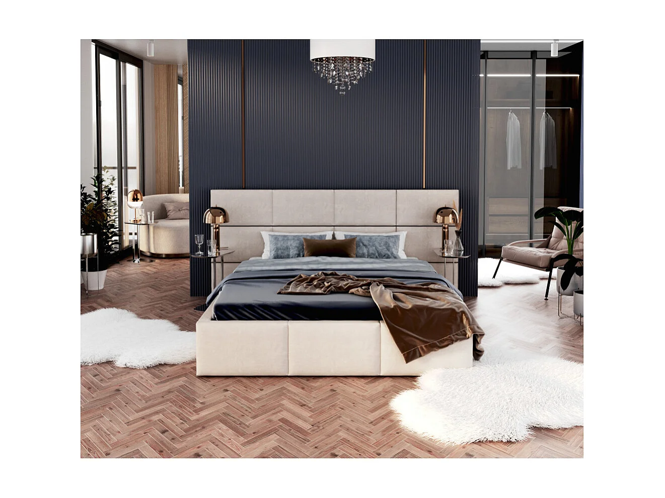 Lit coffre Miami 160 x 200 cm avec sommier à lattes relevable Beige