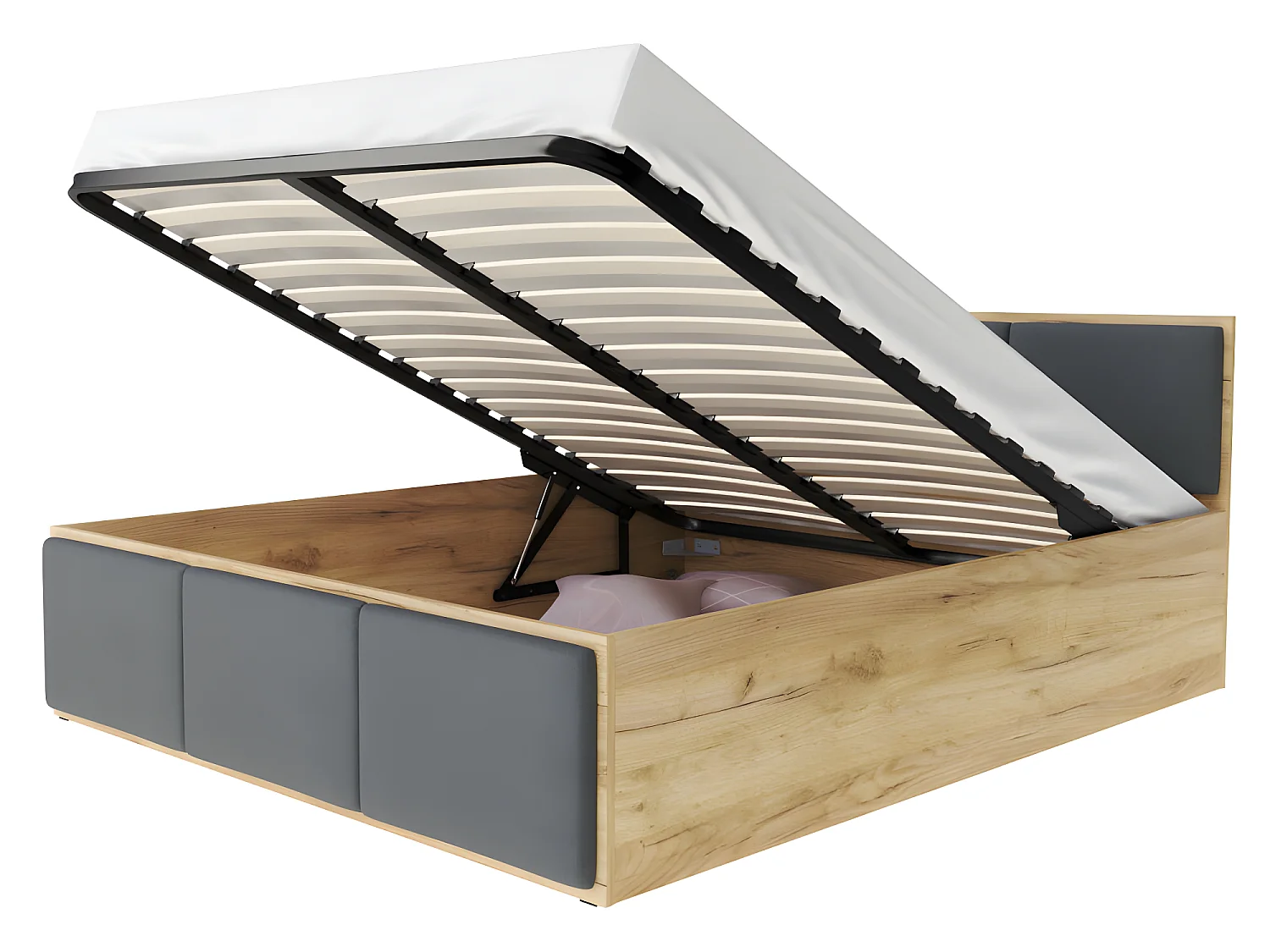 Lit coffre Barcelona 140 x 190 cm avec sommier à lattes relevable Chêne - Gris fonce