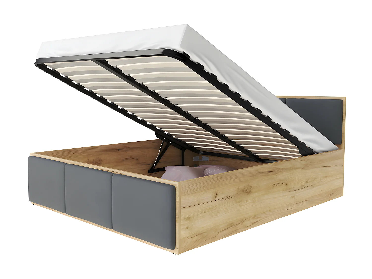 Lit coffre Barcelona 140 x 190 cm avec sommier à lattes relevable Chêne - Gris fonce