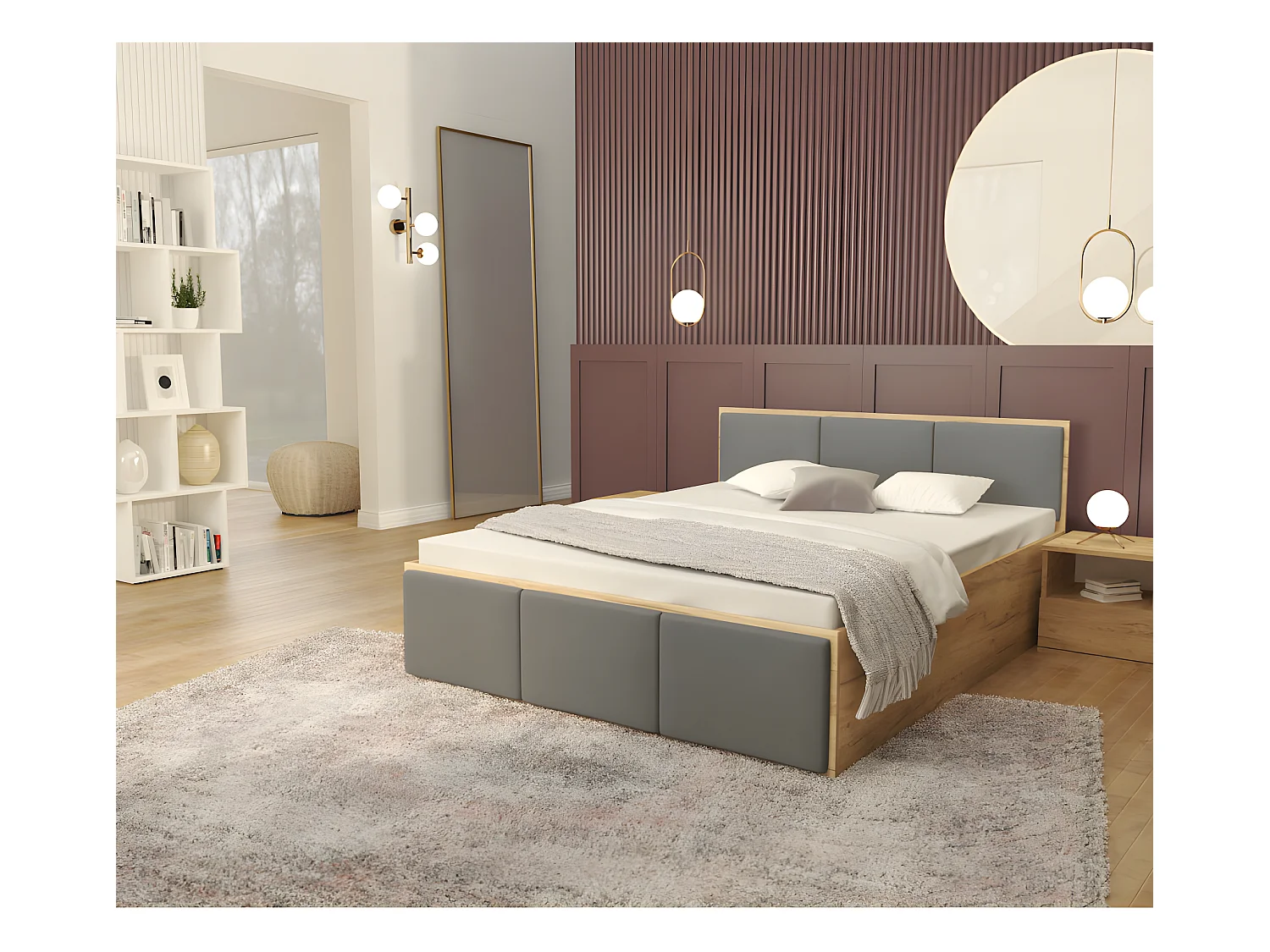 Lit coffre Barcelona 140 x 190 cm avec sommier à lattes relevable Chêne - Gris fonce