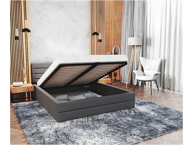 Lit coffre DALLAS 140 x 190 cm avec sommier à lattes relevable Gris Foncé