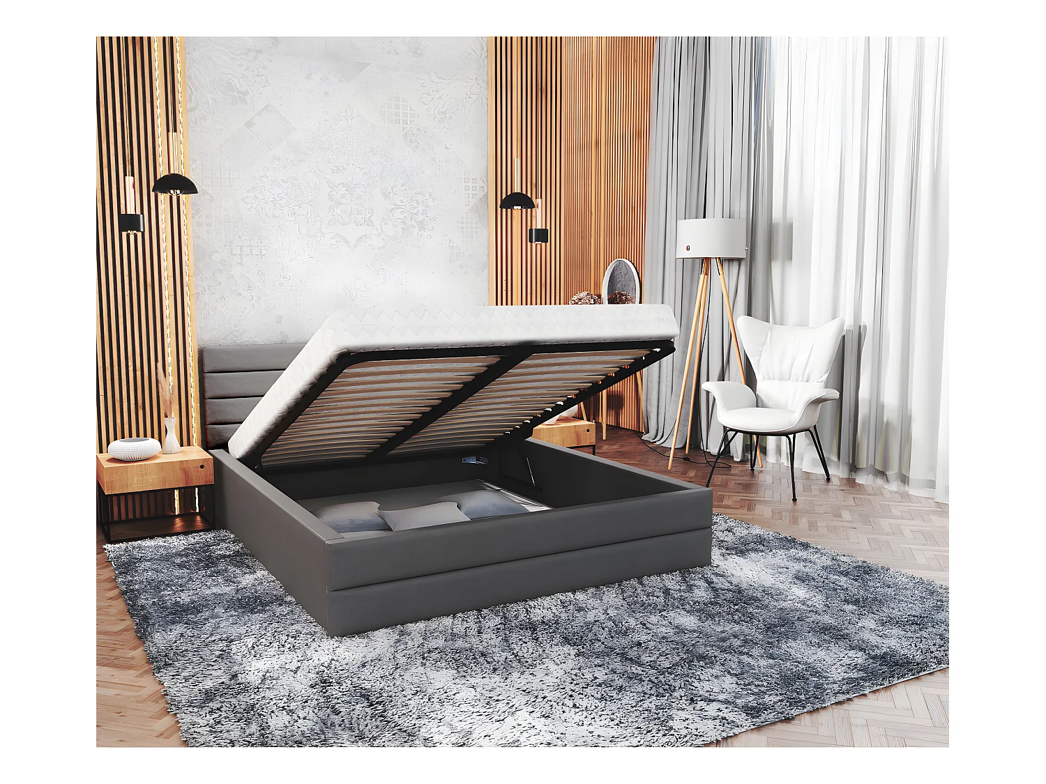Lit coffre DALLAS 140 x 190 cm avec sommier à lattes relevable Gris Foncé