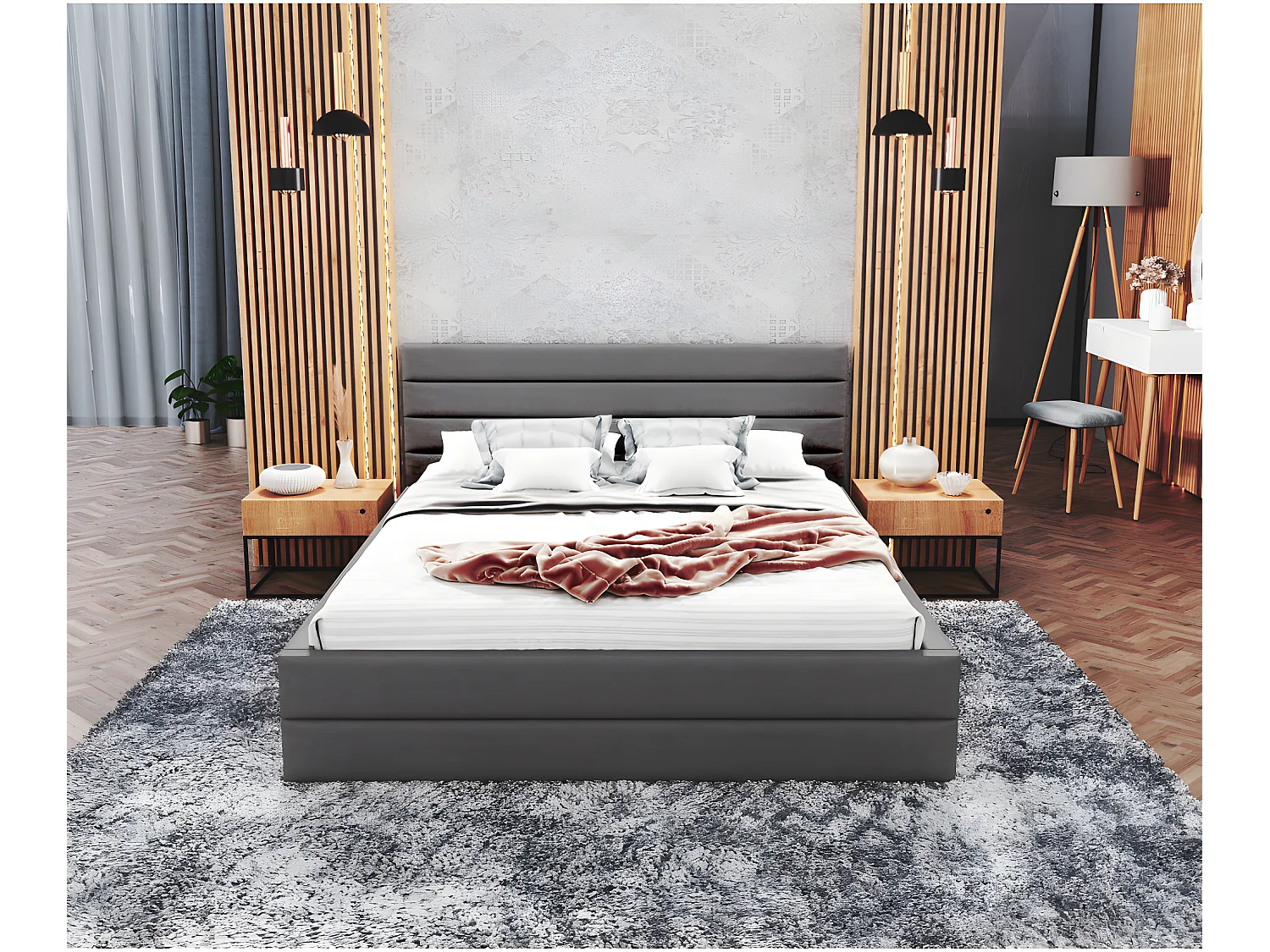 Lit coffre DALLAS 140 x 190 cm avec sommier à lattes relevable Gris Foncé