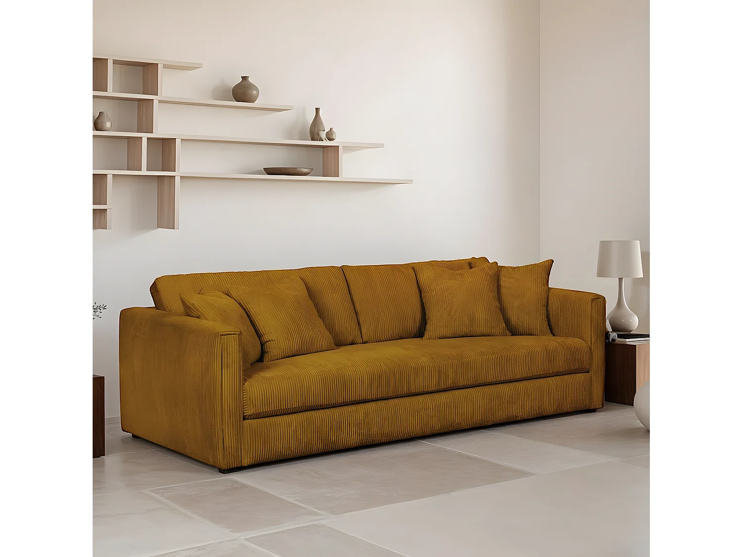 Canapé 4 places en velours côtelé jaune moutarde + 4 coussins - Denver