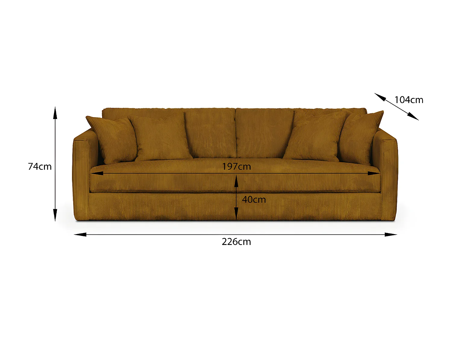 Canapé 4 places en velours côtelé jaune moutarde + 4 coussins - Denver