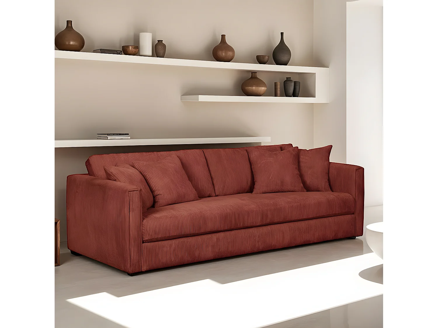 Canapé 4 places en velours côtelé rouille + 4 coussins - Denver