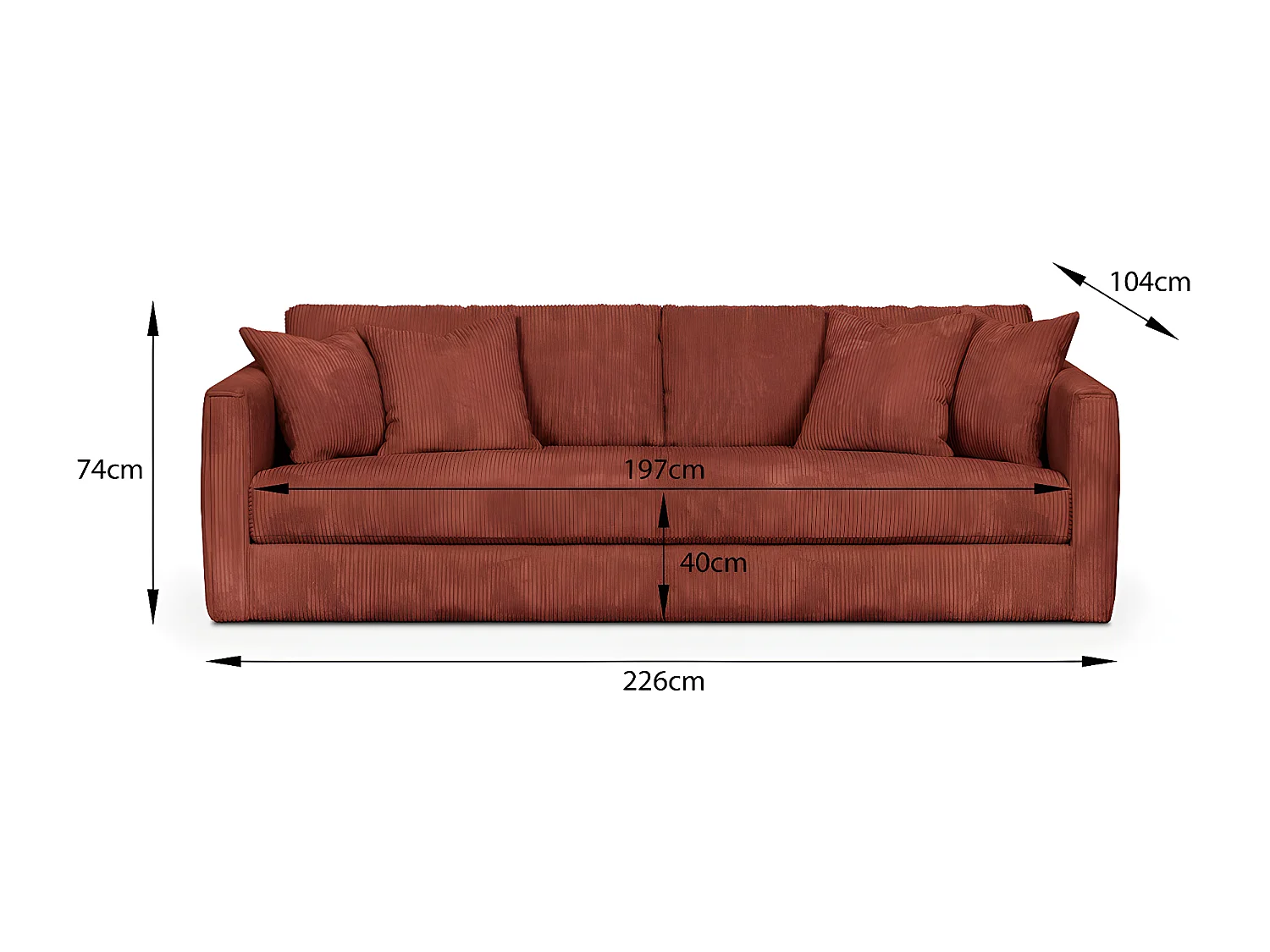 Canapé 4 places en velours côtelé rouille + 4 coussins - Denver