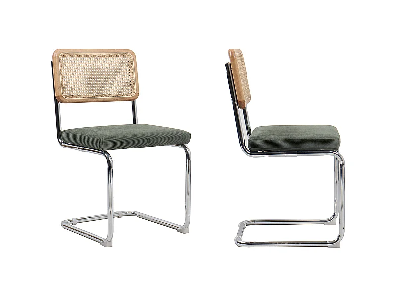 Lot de 2 chaises en cannage velours côtelé vert et métal chromé - Muse