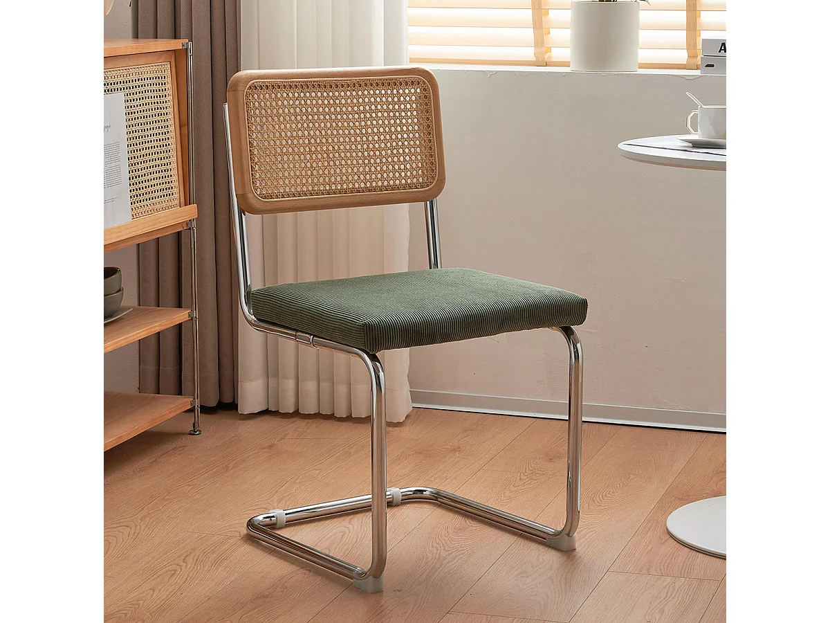 Lot de 2 chaises en cannage velours côtelé vert et métal chromé - Muse