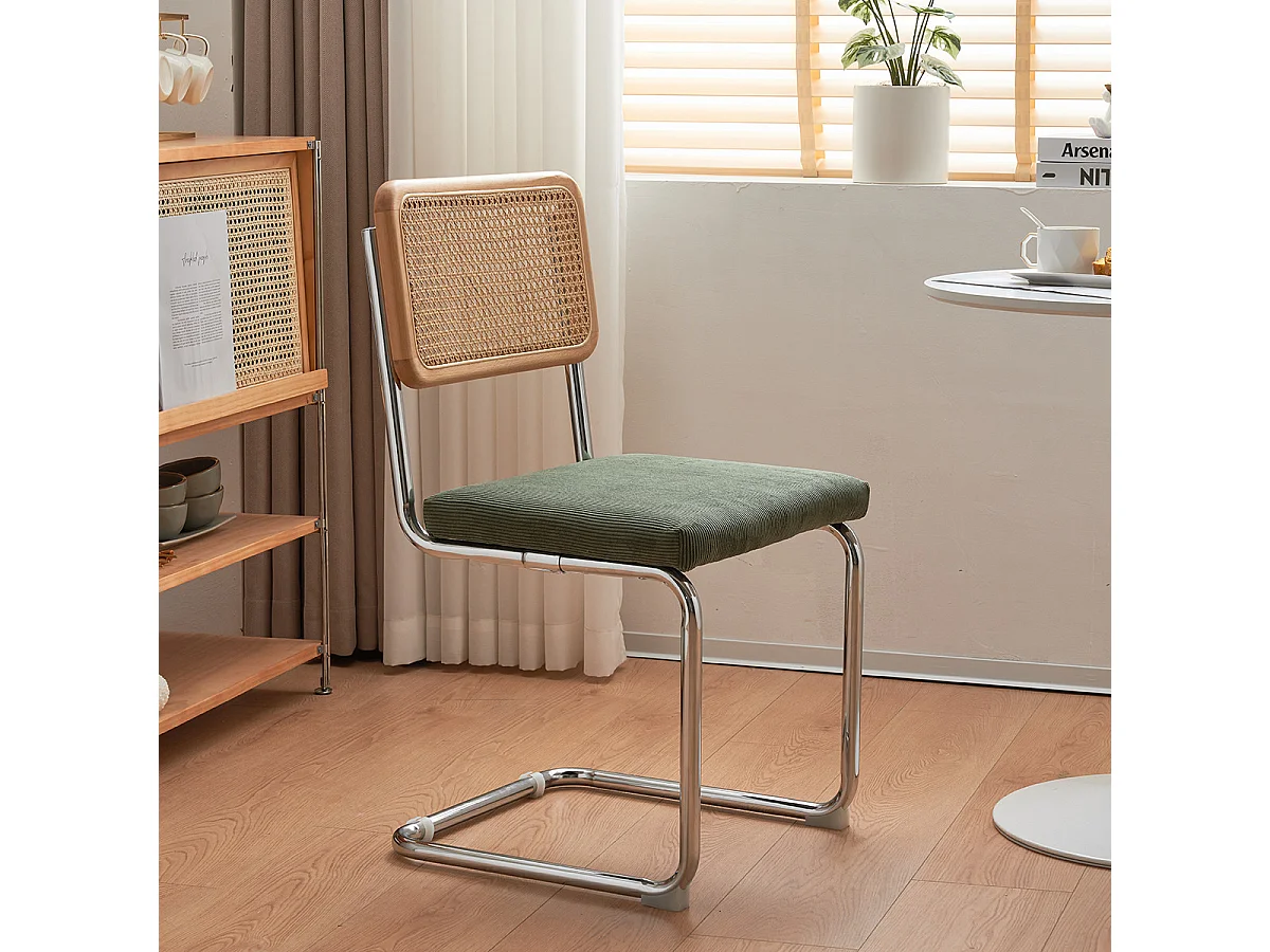 Lot de 2 chaises en cannage velours côtelé vert et métal chromé - Muse