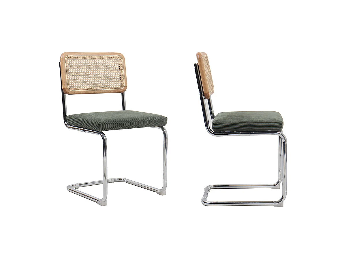 Lot de 2 chaises en cannage velours côtelé vert et métal chromé - Muse