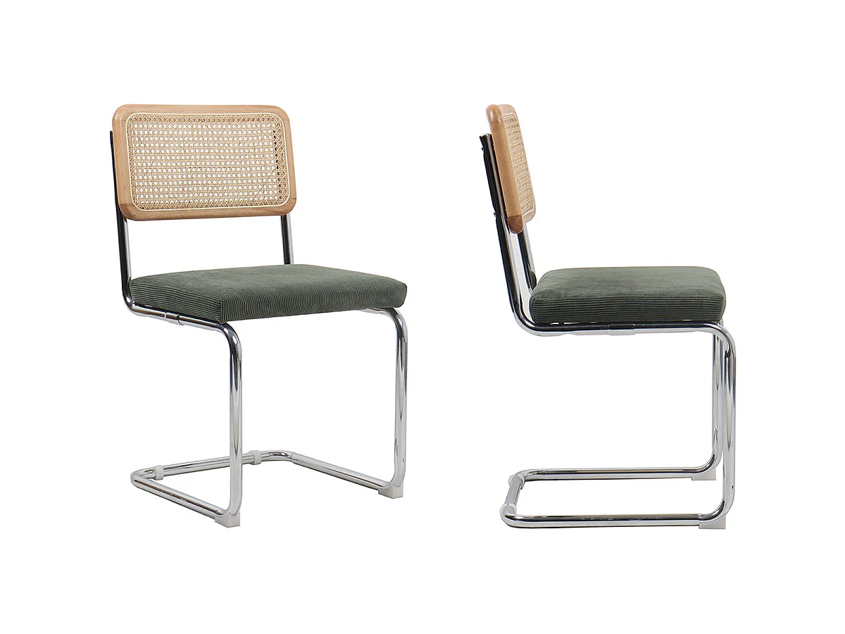 Lot de 2 chaises en cannage velours côtelé vert kaki et métal chromé - Muse