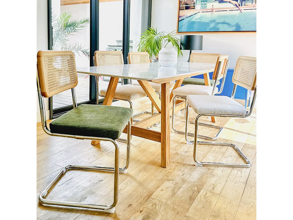 Lot de 2 chaises en cannage velours côtelé vert kaki et métal chromé - Muse