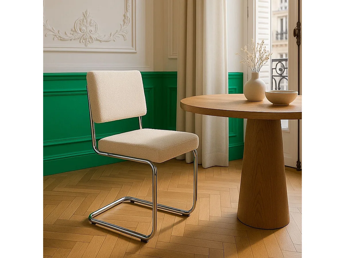 Lot de 2 chaises en tissu bouclé écru et métal chromé - Dulce