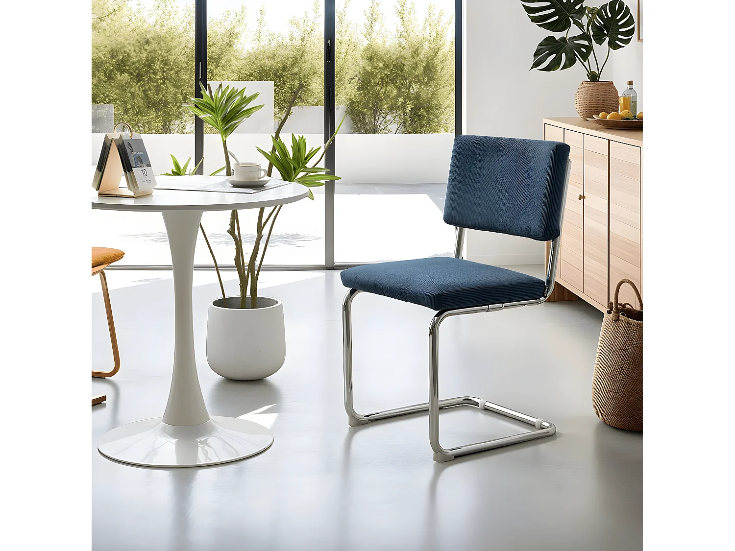 Lot de 2 chaises en velours côtelé bleu et métal chromé - Dulce