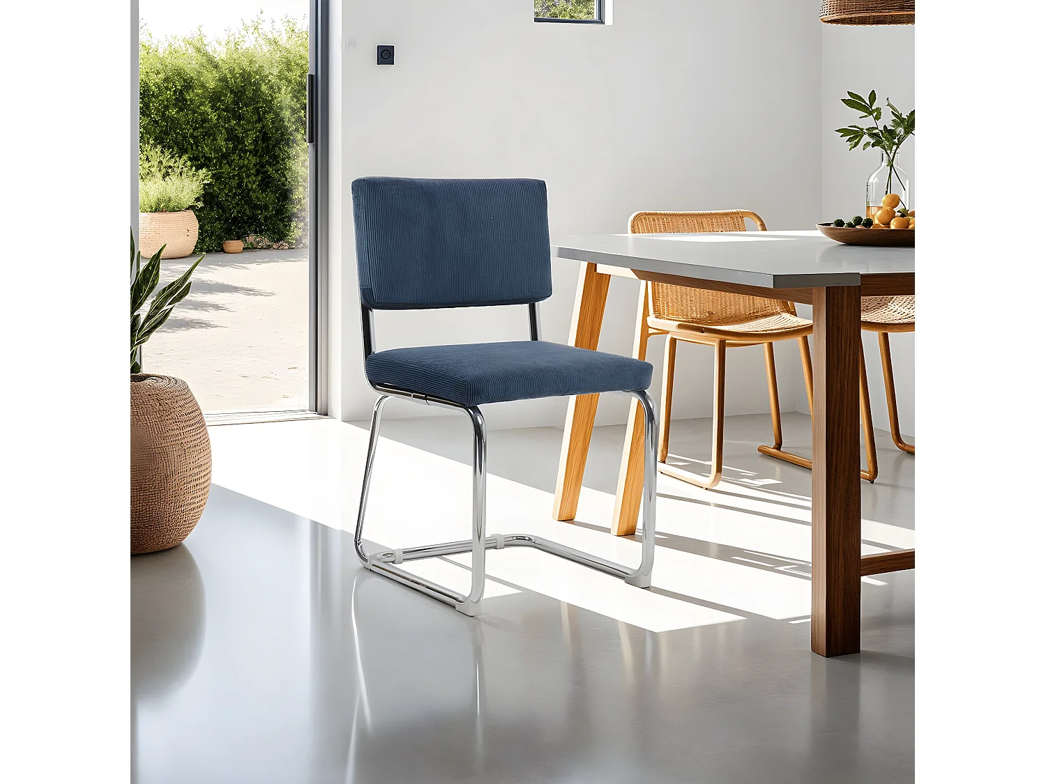 Lot de 2 chaises en velours côtelé bleu et métal chromé - Dulce