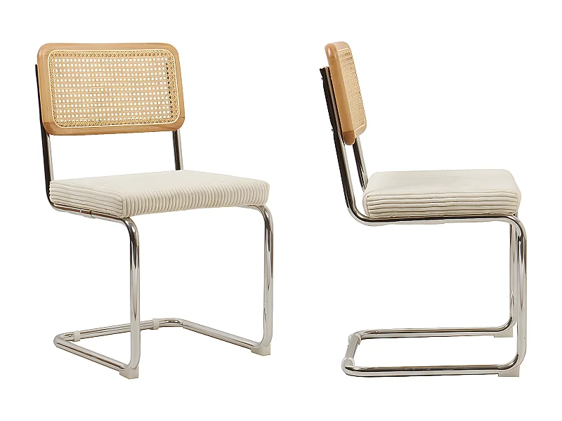 Lot de 2 chaises en cannage velours côtelé beige et métal chromé - Muse