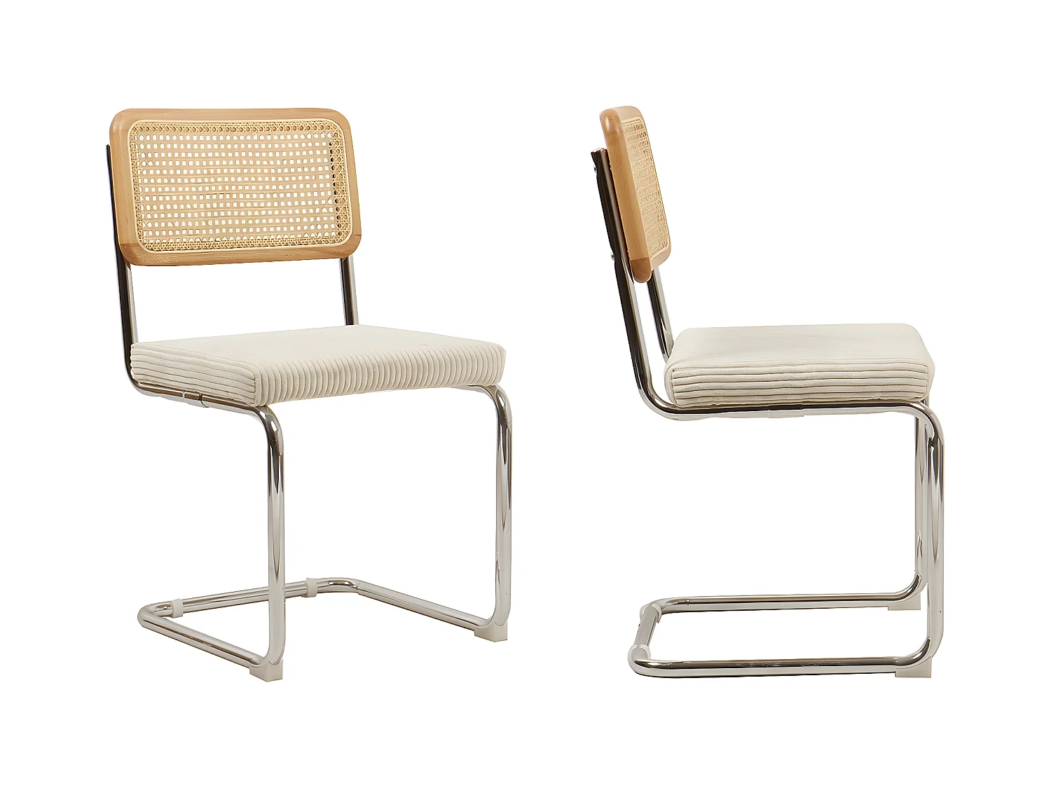 Lot de 2 chaises en cannage velours côtelé beige et métal chromé - Muse