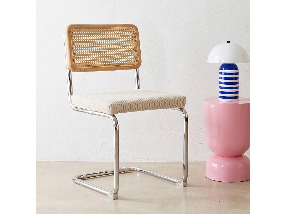 Lot de 2 chaises en cannage velours côtelé beige et métal chromé - Muse
