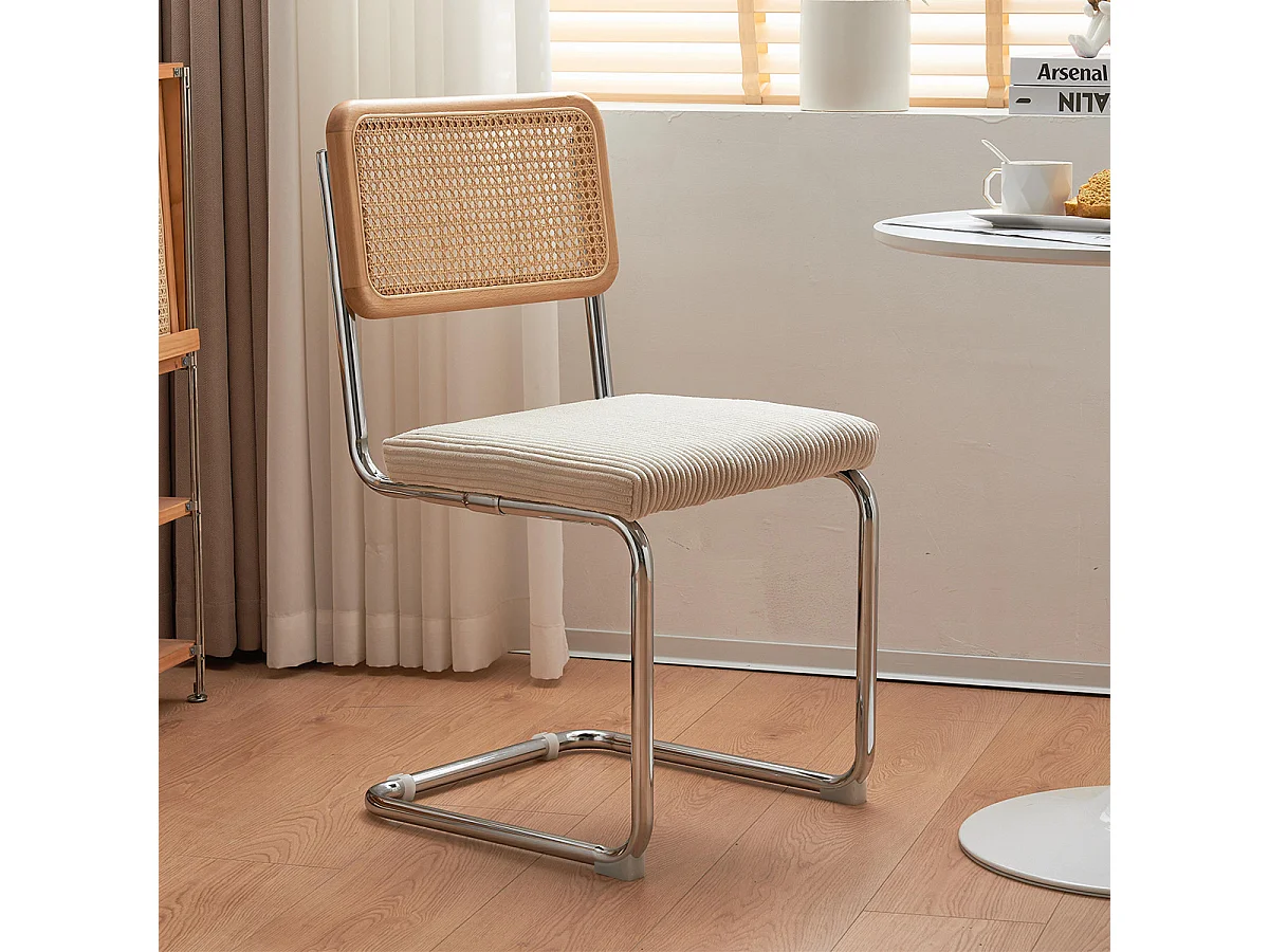 Lot de 2 chaises en cannage velours côtelé beige et métal chromé - Muse