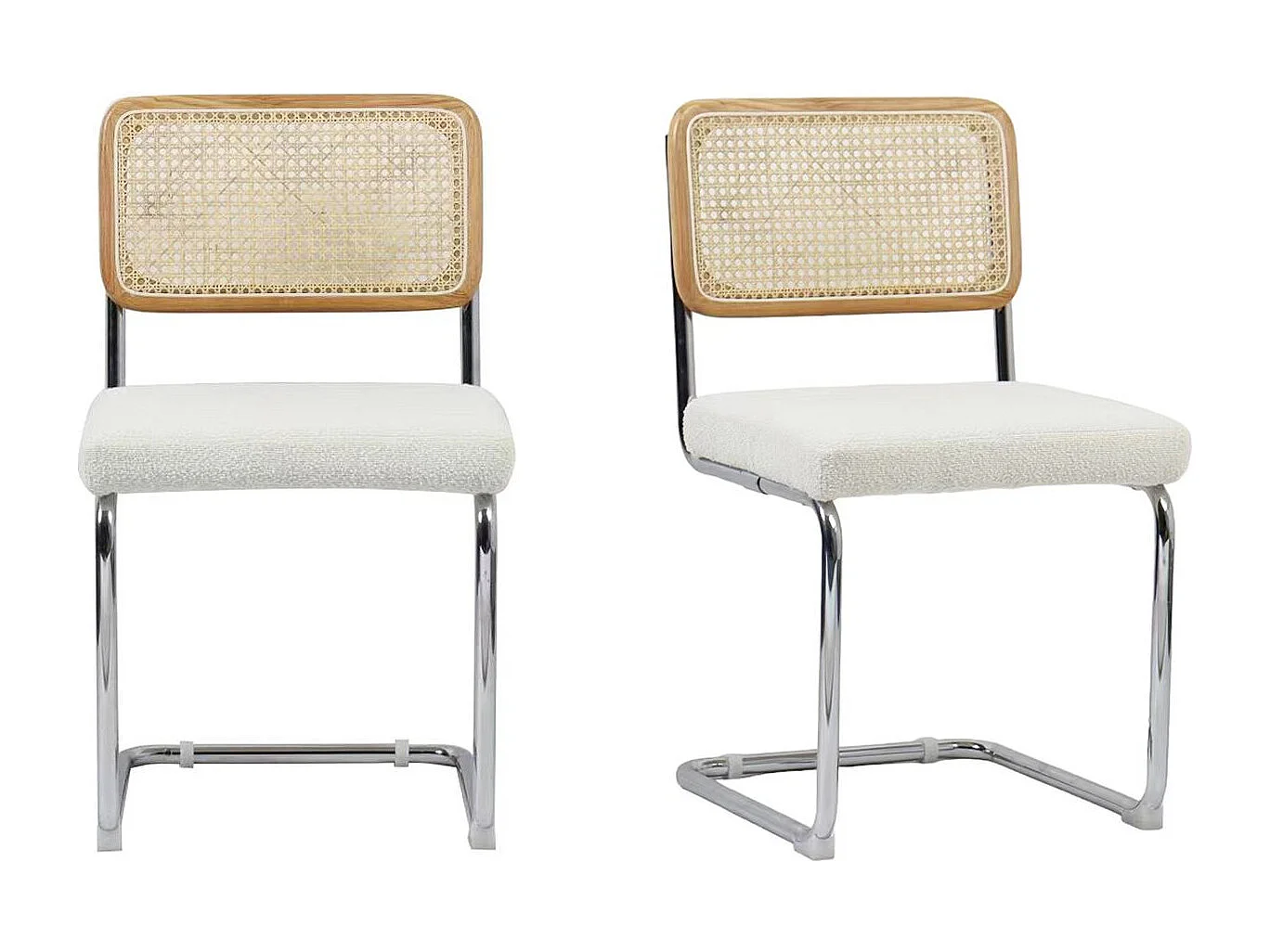 Lot de 2 chaises en cannage, tissu bouclé écru et métal chromé - Muse