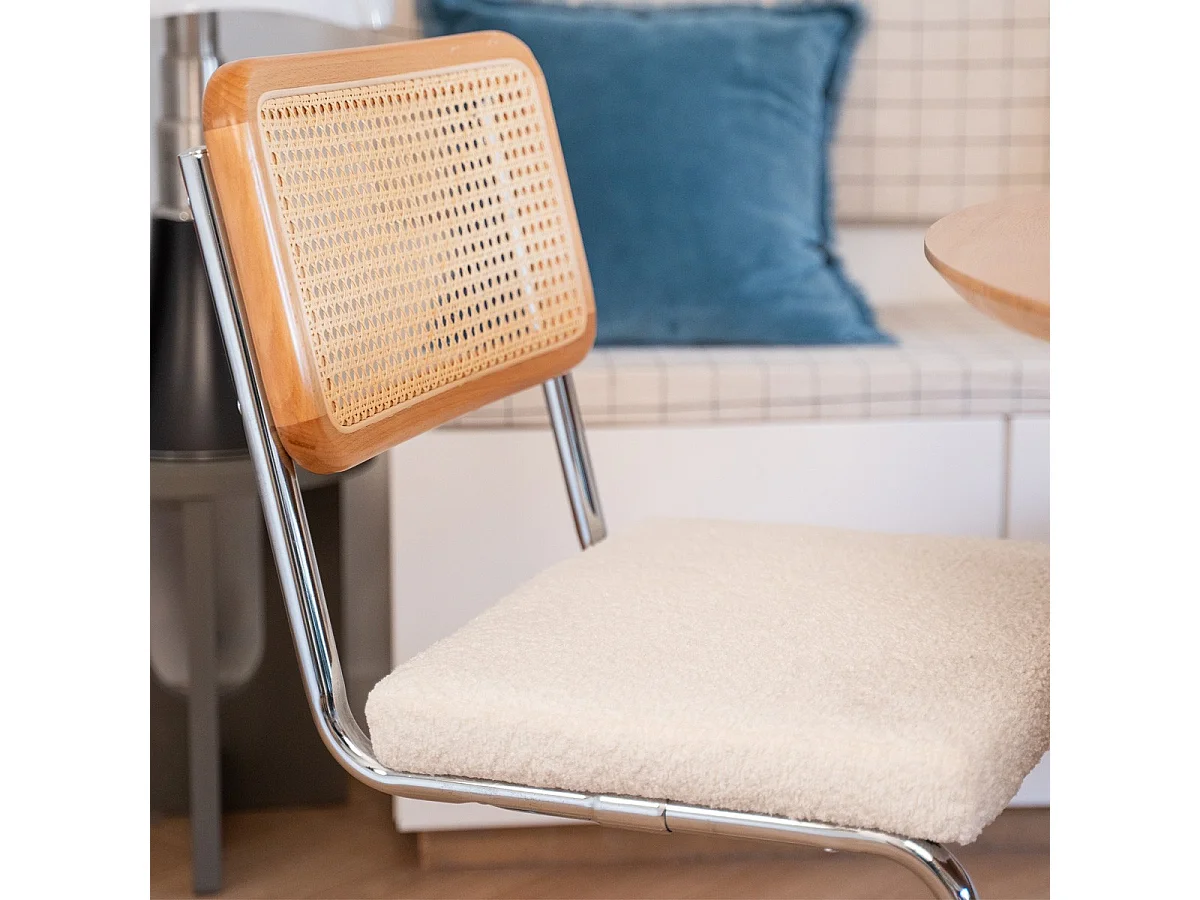 Lot de 2 chaises en cannage, tissu bouclé beige et métal chromé - Muse