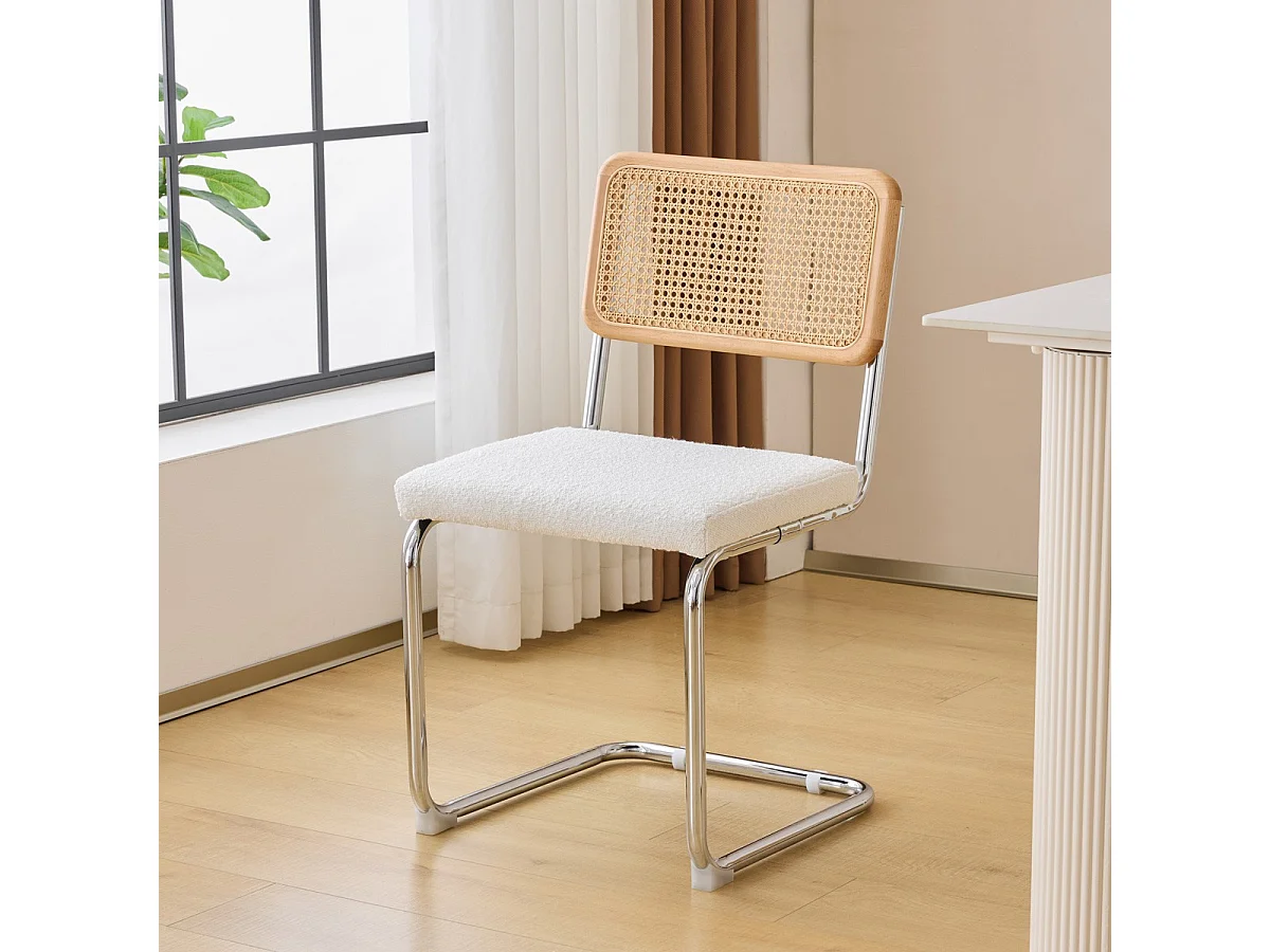 Lot de 2 chaises en cannage, tissu bouclé beige et métal chromé - Muse