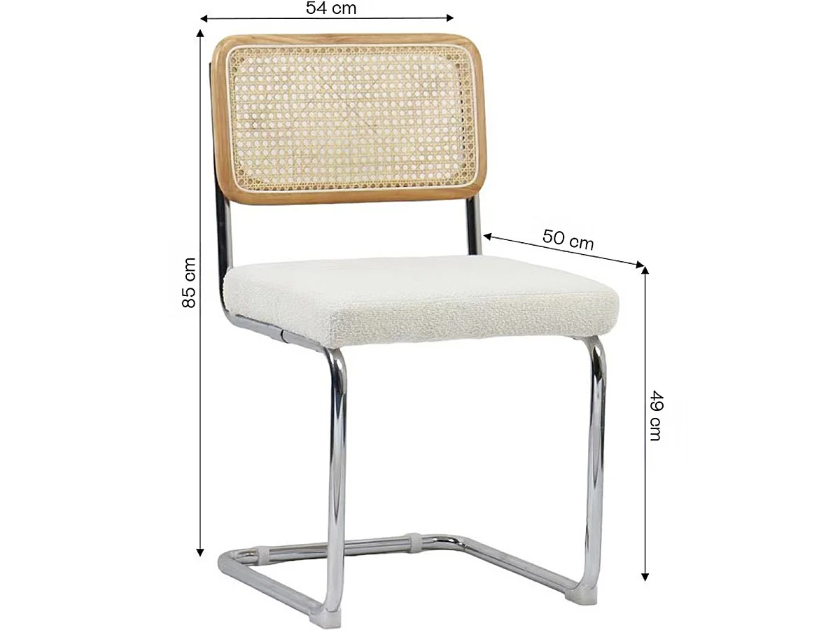Lot de 2 chaises en cannage, tissu bouclé beige et métal chromé - Muse