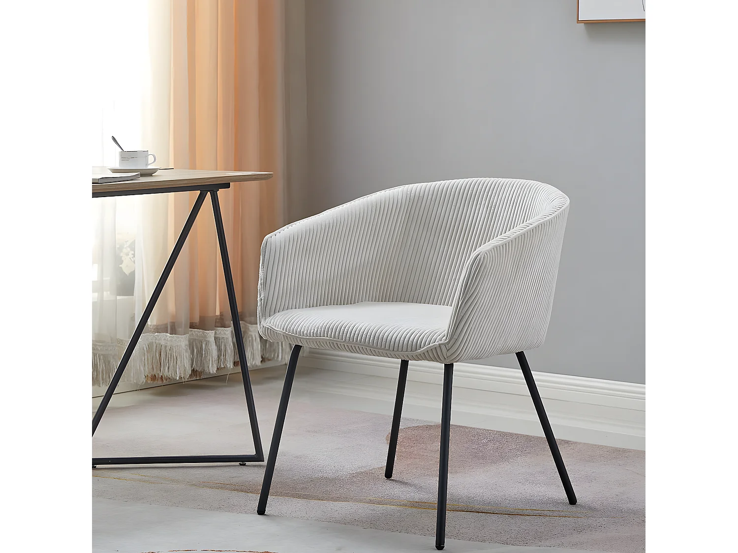 Lot de 2 fauteuils de table en velours côtelé beige, piètement noir - Swann