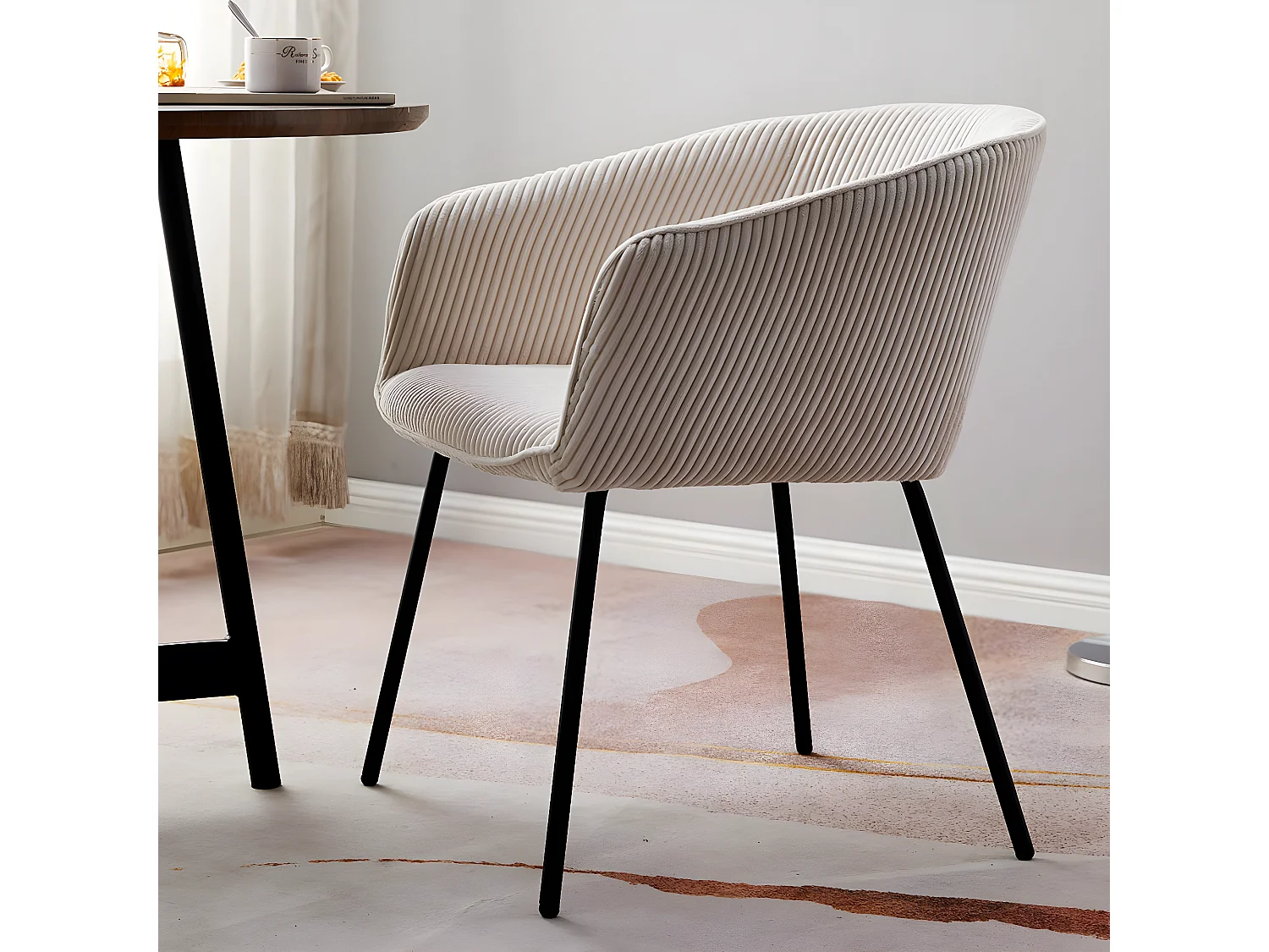 Lot de 2 fauteuils de table en velours côtelé beige, piètement noir - Swann