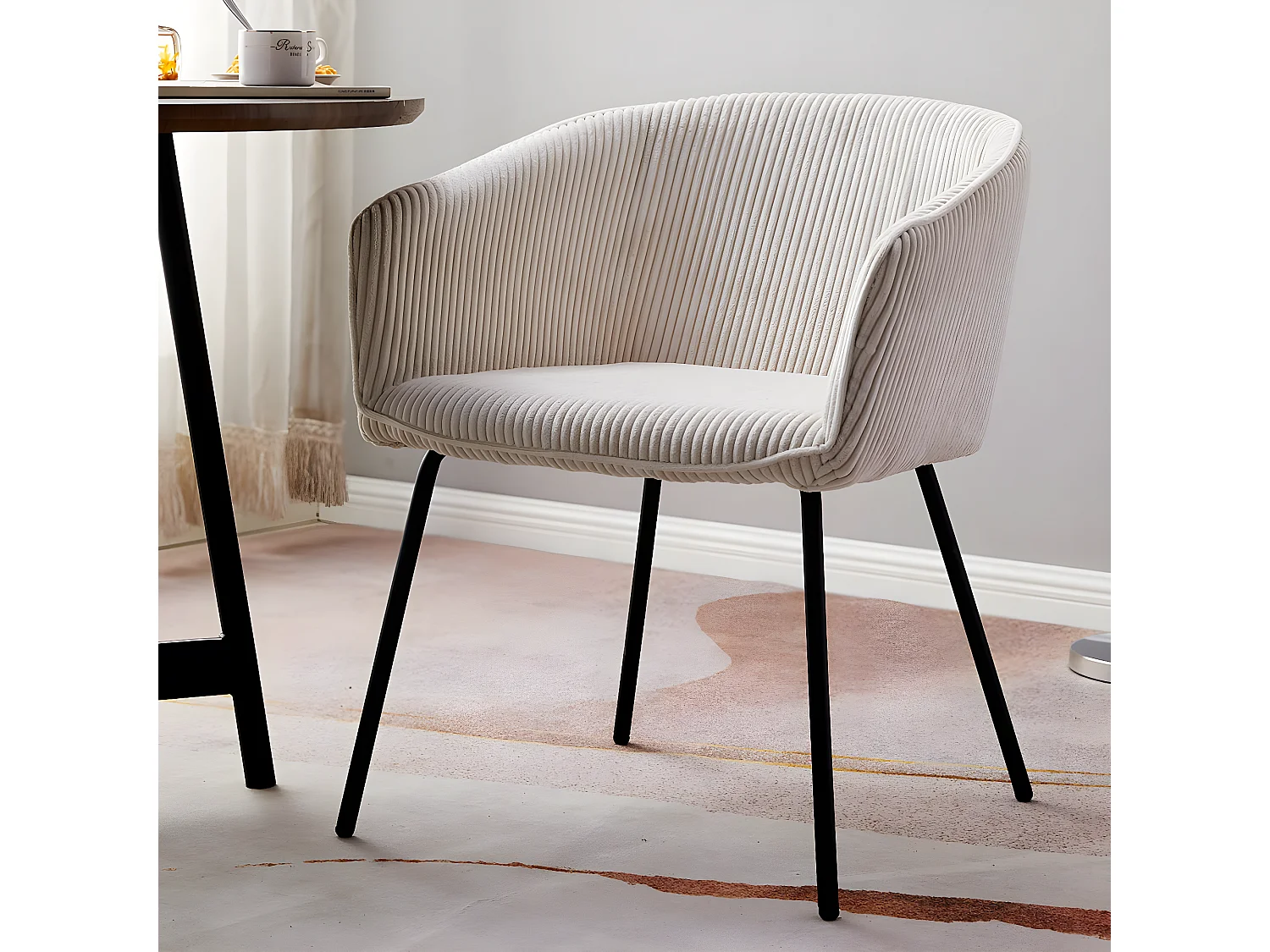 Lot de 2 fauteuils de table en velours côtelé beige, piètement noir - Swann