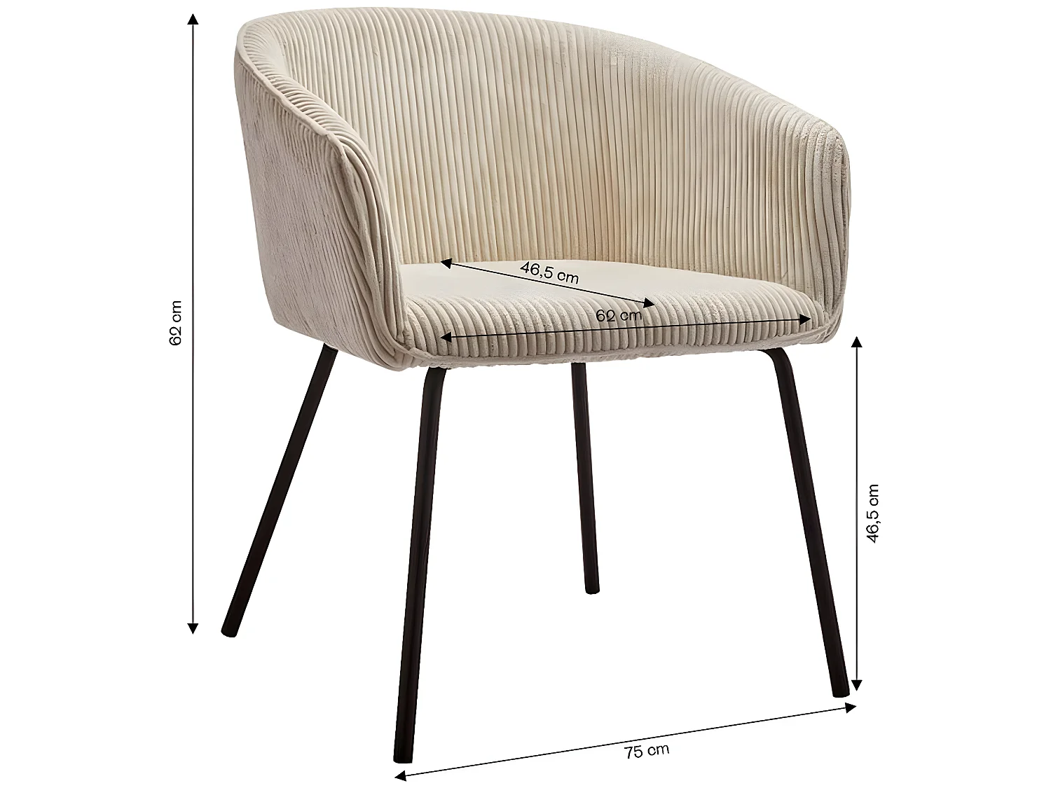 Lot de 2 fauteuils de table en velours côtelé beige, piètement noir - Swann