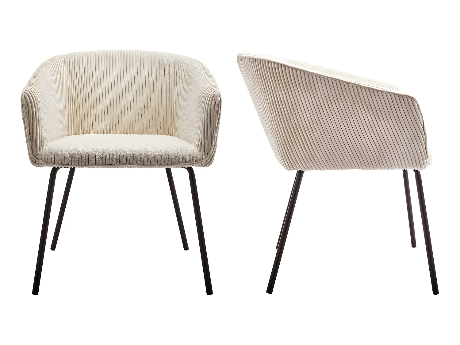 Lot de 2 fauteuils de table en velours côtelé beige, piètement noir - Swann