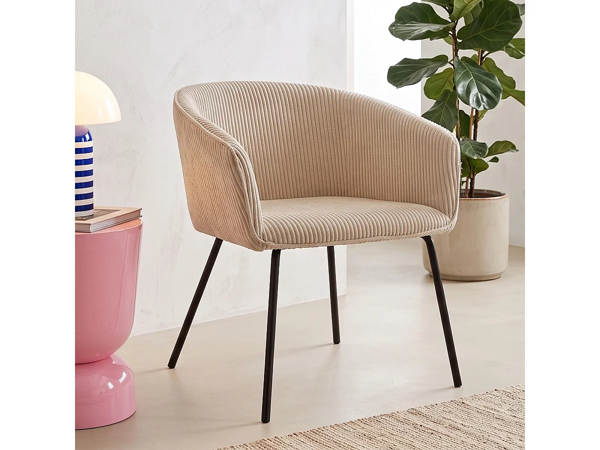 Lot de 2 fauteuils de table en velours côtelé beige, piètement noir - Swann